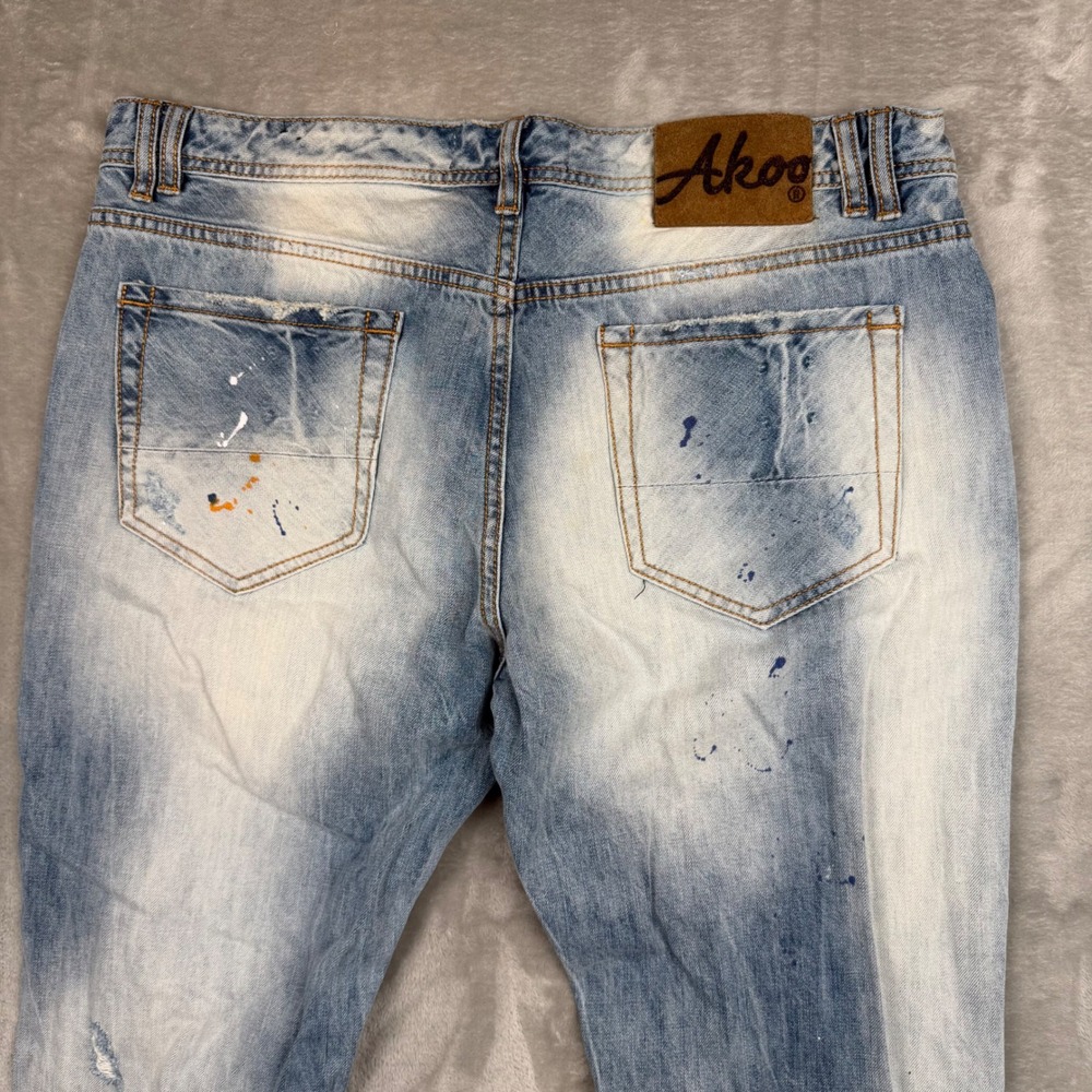 AKOO Mens Distressed Patchwork Jeans Light Wash Paint Splatter Denim Size 38 - Picture 4 of 16